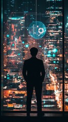 Silhouette businessman watching futuristic city technology at night