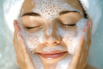 Woman with closed eyes washing face with foaming cleanser for skincare