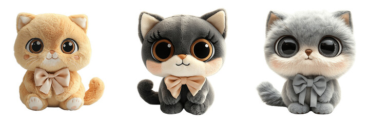 Set of Chubby Plush Kitten Toys with Big Embroidered Eyes and Colorful Bows on Transparent Background