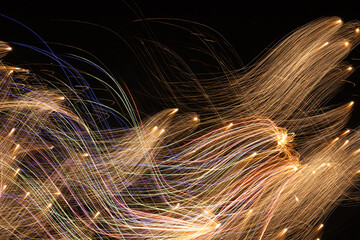 Abstract image of multicolored light streaks radiating from several points and streaming away to the left created with fireworks and intentional camera movement during a 4th of July celebration.