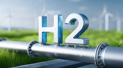 Green hydrogen infrastructure. Hydrogen concept with H2 letters on a pipeline set against a green landscape and wind turbines.