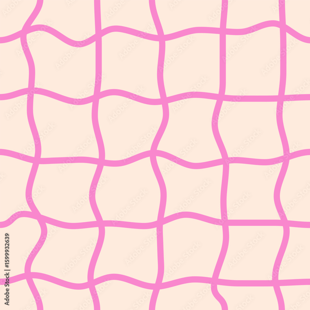 Poster seamless pattern of thin curved checkered lines on a beige background. twisted checkered wavy textur