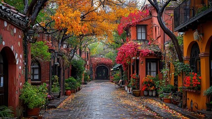 Autumnal Charm: A Picturesque Street in a European Village
