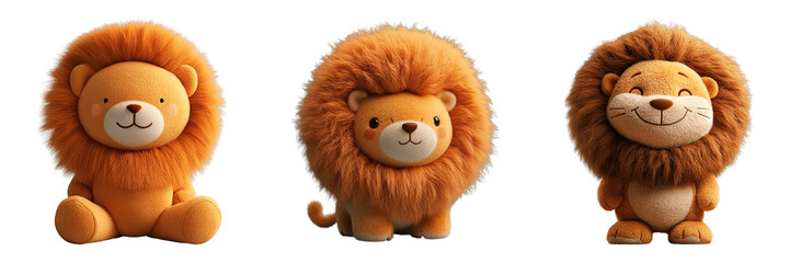 Set of Cute Plush Lion Toys with Fluffy Manes and Friendly Expressions Isolated on Transparent Background