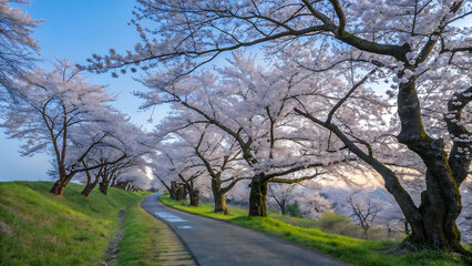 Obraz premium Image is a landscape photograph featuring a picturesque pathway lined with cherry blossom trees in full bloom.