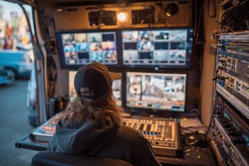 A person wearing a cap operates a video control panel inside a mobile broadcast van, monitoring multiple screens showing various camera feeds.