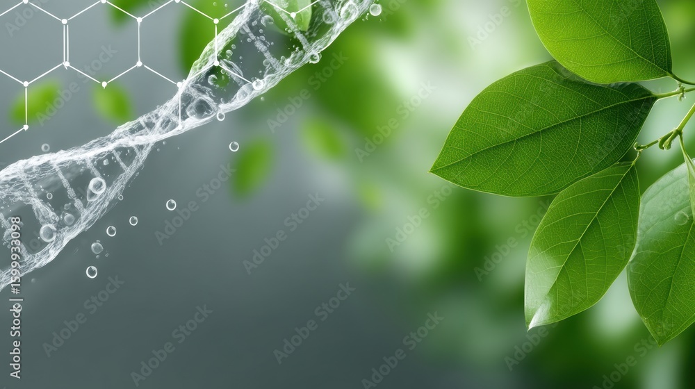Poster green hydrogen infrastructure. fresh leaves with water droplets and a subtle hexagonal pattern creat