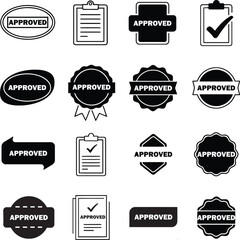 Collection of approved stamps and clipboards in black and white vector graphics illustration set design