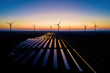 Aerial view of wind turbines and solar panels at dusk creating renewable energy landscape scene