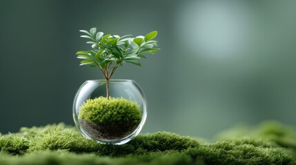 Green hydrogen infrastructure. A small plant grows in a glass bowl on soft green moss, symbolizing nature and growth.