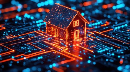 Obraz premium Smart Home Technology: Digital House on Circuit Board