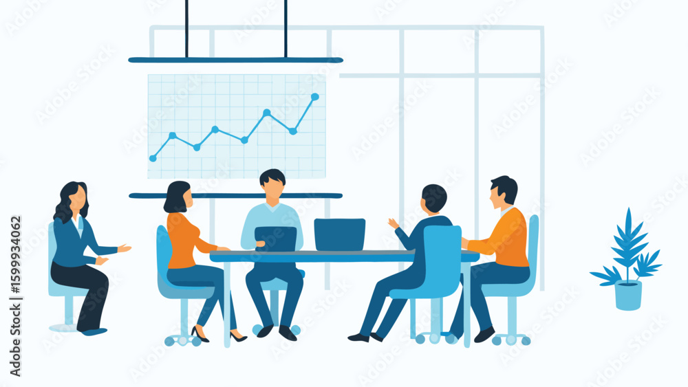 Poster group of people in a meeting room discussing a rising graph on a whiteboard at a conference table