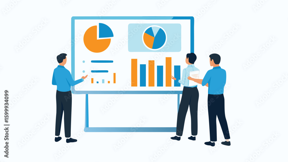 Poster three people looking at a presentation board with pie charts and bar graphs displayed on the board