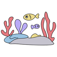 물 속의. 산호초와 귀여운 물고기