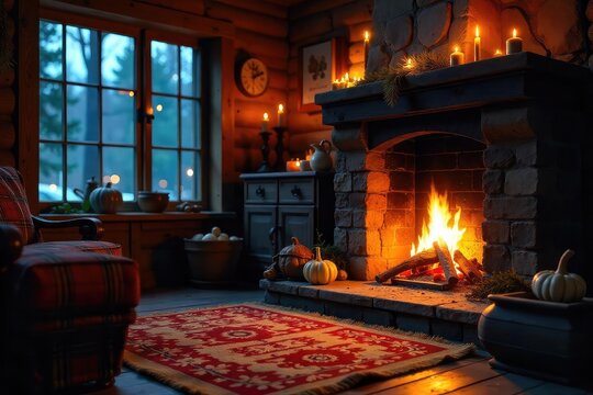 Cozy night scene featuring a warm, inviting wood-burning stove, glowing embers, and rustic interior details Perfect for autumn or winter themes , shadows, red glow