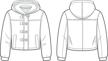 Cad drawing flat vector illustration, front and back view, winter toggle jacket with hood, cozy outerwear design, technical fashion sketch