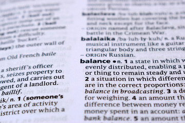 Close Up Of English Dictionary Page With Definition Word - Balance