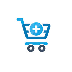 Blue shopping cart with plus sign icon on transparent background