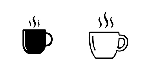 Obraz premium Black and white coffee cups with steam icons on white background 