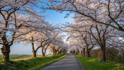 Obraz premium Image is a landscape photograph featuring a picturesque pathway lined with cherry blossom trees in full bloom.