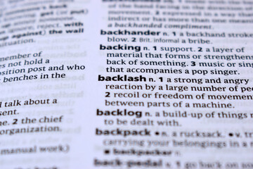 English Definition Dictionary Page Of Printed Word -  Backlash Close Up