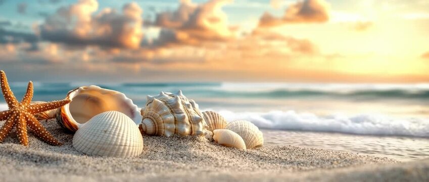 In summer, the sandy beach with scattered shell fragments forms a picturesque coastal scene, offering wide copy space for designs, advertisements, or seasonal creative visuals