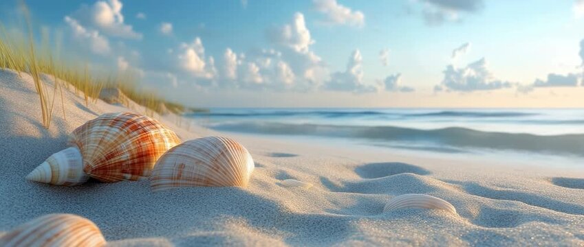In summer, the sandy beach with scattered shell fragments forms a picturesque coastal scene, offering wide copy space for designs, advertisements, or seasonal creative visuals
