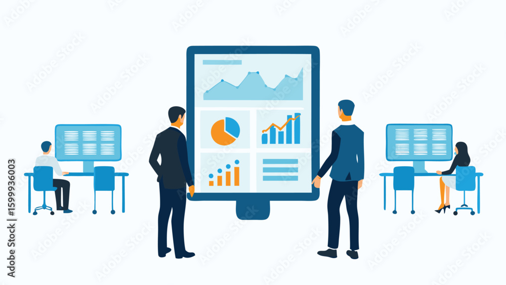 Poster two business people review data on a large screen with other workers at their desks in the backgroun