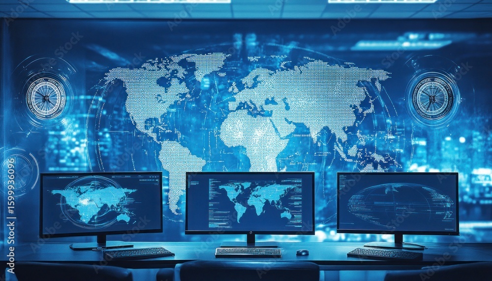 Poster global surveillance system monitoring world map on multiple screens