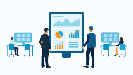 Two business people review data on a large screen with other workers at their desks in the background