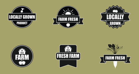 A collection of six black and white farm fresh and locally grown product logo designs on a light background