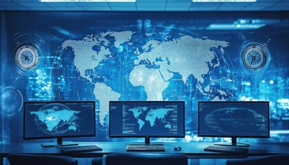 Global surveillance system monitoring world map on multiple screens