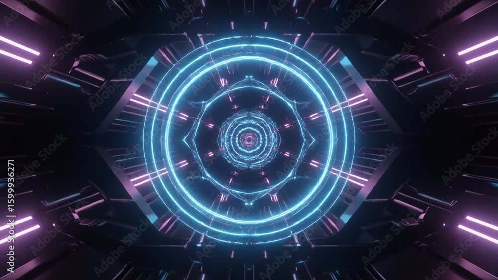 Poster futuristic digital tunnel featuring glowing neon lights forming circular patterns with vibrant shade