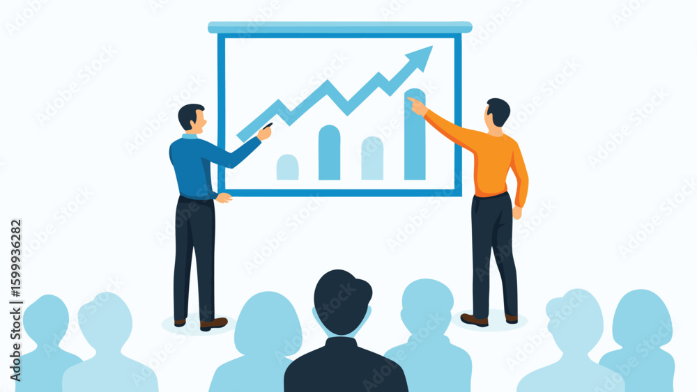 Poster two presenters explaining a business growth chart to an audience in a meeting setting scenario image