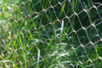 Wire mesh fence in a green meadow.