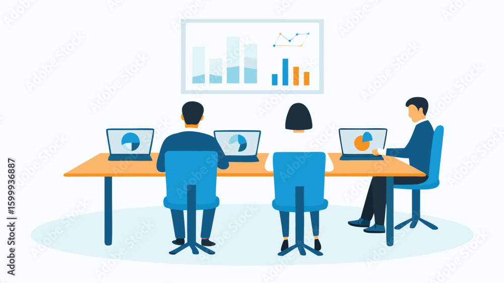 Poster people sitting at a table with laptops analyzing data charts in a business meeting environment scene