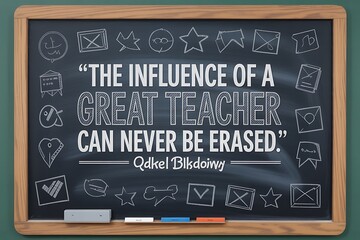 The influence of a great teacher can never be erased quote on a chalk blackboard with educational doodles and chalk sticks