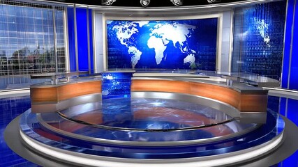 Virtual news studio set with global map background and modern design elements ideal for broadcasting - Powered by Adobe