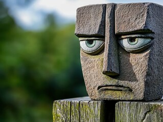 Weathered Stone Face Sculpture on Wooden Post