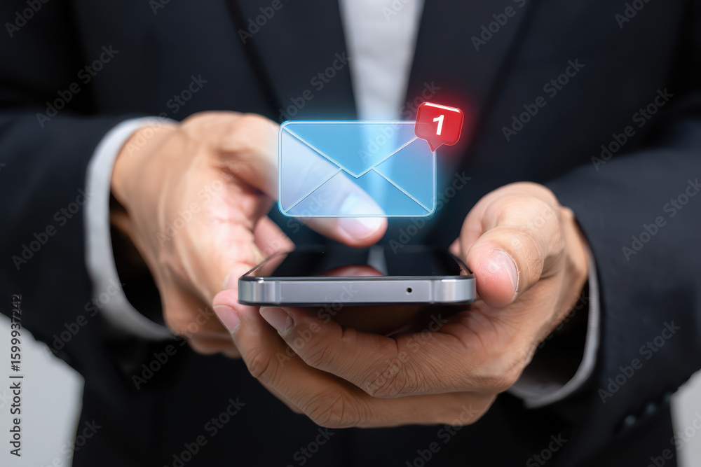 Poster a person holding a smartphone with a new email notification icon above the screen display app tech