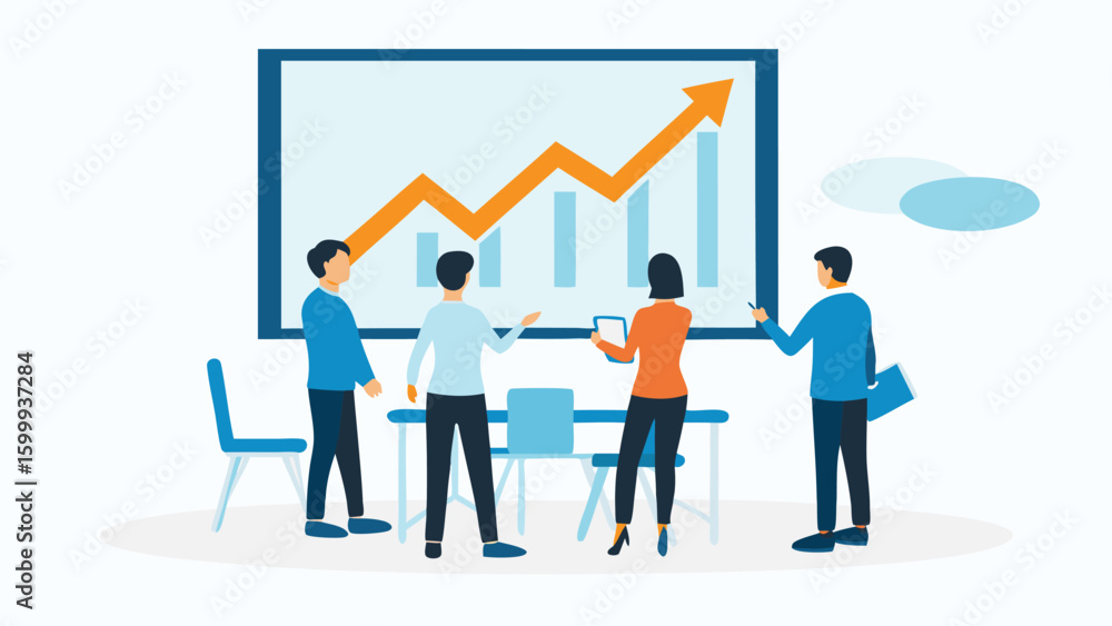 Poster people in a meeting discussing an upward trending graph on a screen with chairs and a table present