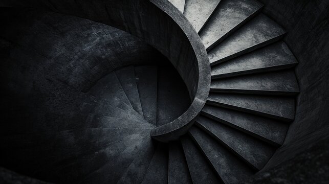Dark spiral staircase in a concrete interior.