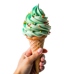 hand holds a perfectly swirled mint ice cream cone isolated on transparent background