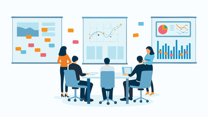 People are in a meeting discussing data and charts on whiteboards in a conference room setting