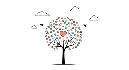 A loving tree of life with heart shaped leaves symbolizing growth and connection