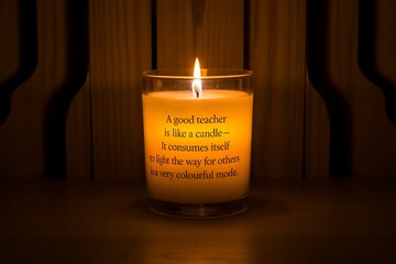 A lit candle in a glass jar features text that reads 