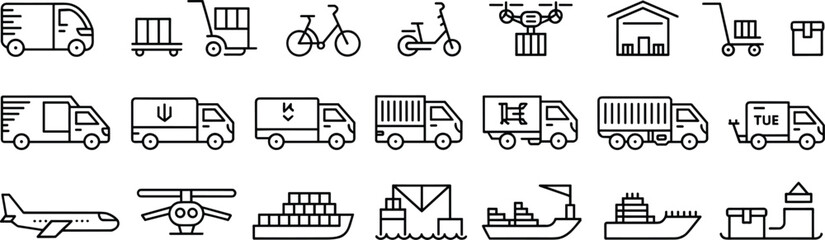 Delivery and logistics icon set, shipping transport vehicles, cargo and supply chain vector, editable stroke, global freight icons