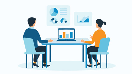 Two people at a table looking at charts and graphs on a laptop and wall displays at a meeting room