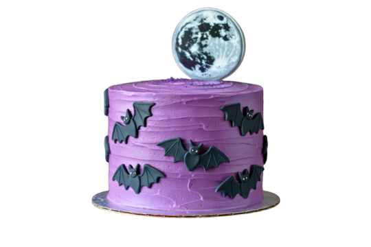 Purple Halloween Cake with Bats and Moon Topper PNG