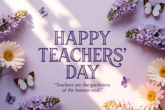 Elegant "Happy Teachers Day" message surrounded by delicate flowers and fluttering butterflies, celebrating educators.
